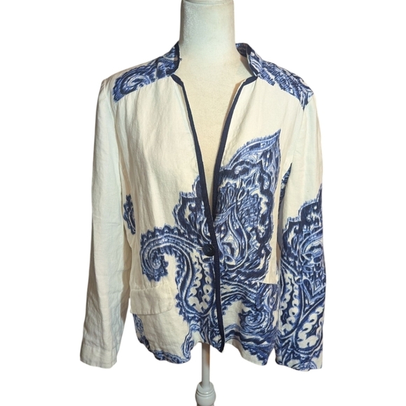 Linen Willow Print Brushed Paisley Mandarin Inverted Collar Blazer Chico's 2 Lrg - Picture 6 of 11